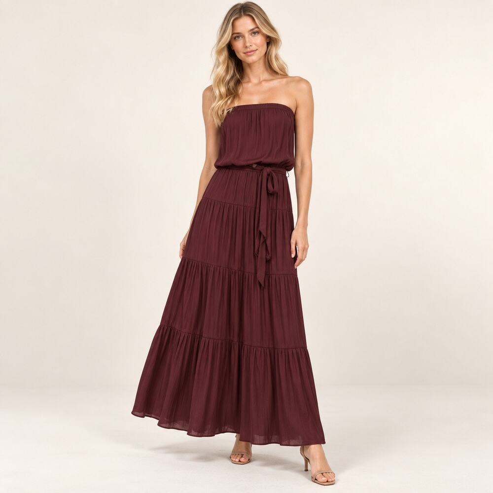 Naked Zebra Burgundy Strapless Tiered Maxi Dress Self Tie Waist Boho Size Medium